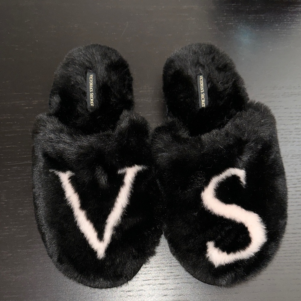 Black Fuzzy Slippers with VS Logo